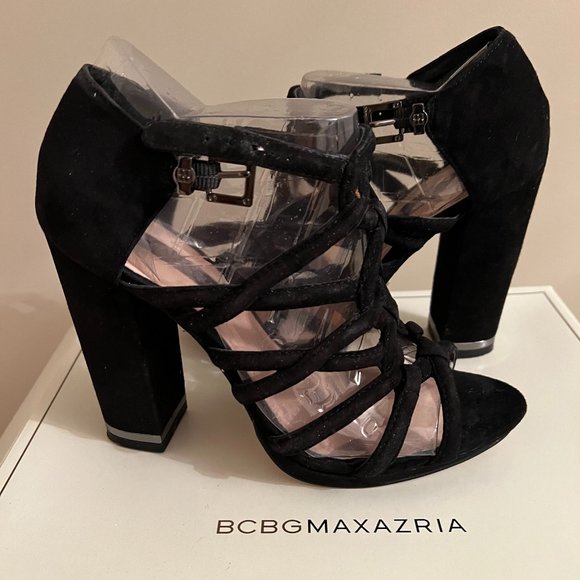 BCBG MaxAzria Jeb Black Genuine Suede Leather Cage Block Heel Sandals - Picture 3 of 5